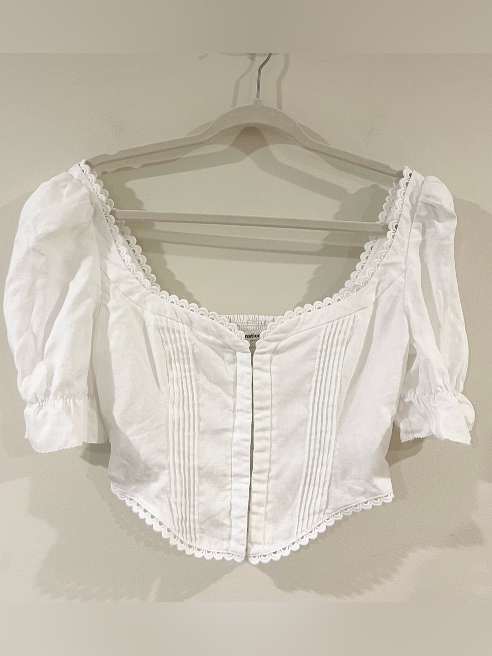 Reformation Simmie White Lace-Trim Puff Sleeve Linen Crop Blouse size 8